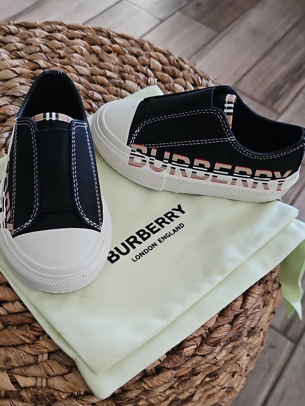 Burberry Black and White Logo Slip-On Kids Sneakers